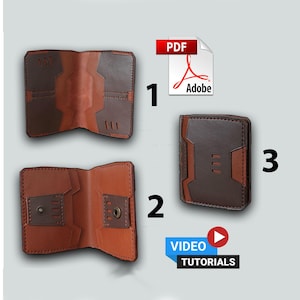 May include: Three brown and tan leather wallets are displayed. One is closed, one is open, and the third is open. The wallets have a geometric design. The image also includes a PDF Adobe icon and a "Video Tutorials" icon.