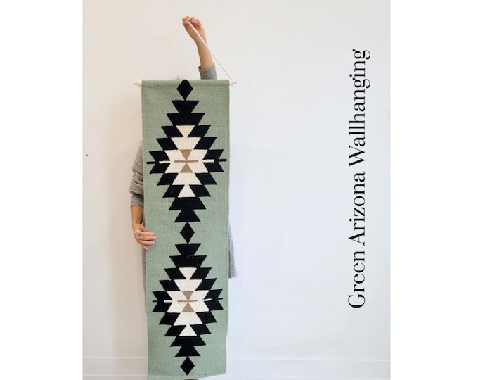 Handwoven wall hanging, Boho wall hanging, Aztec wall hanging, wall hanging, wall art. tapestry, woven art, green wall hanging dowel hanging