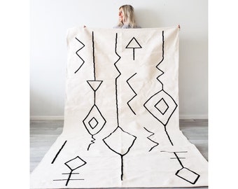 Handgewebter Teppich, Baumwollteppich, Läuferteppich, handgemachter Teppich aus ägyptischer Baumwolle, moderner Boho-Teppich, Handgewebter Teppich, schwarz-weißer Teppich, Azteken