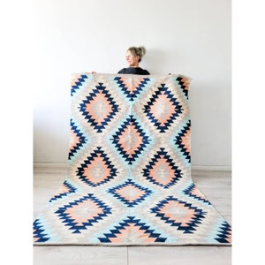 Handwoven Rug, Colourful Rug, Bright Colors Rug, Living Room Kilim, Area rug, Kilim Rug, Peach Rug, Navy blue Kiliim, Aztec Boho Rug