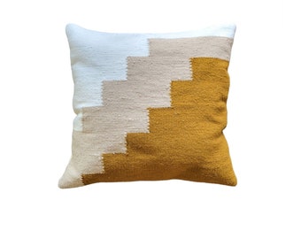 Handwoven Pillow Case, wool decorative throw pillow, throw Pillow,  Mustard Beige Pillow, Boho Pillow | 18X18 20X20 22X22 24X24