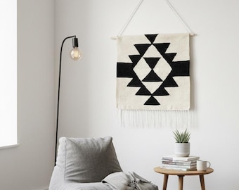 Handgewebter Wandbehang, schwarz-weißer Wandbehang, Boho-Wandbehang, Wandbehang, Azteken-Wandbehang, Wanddekor, Quastendübel-Wandkunst