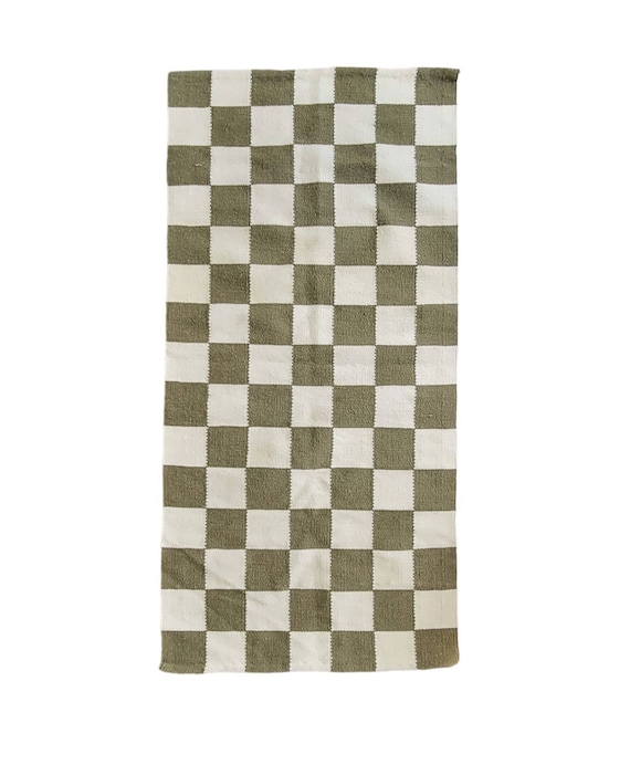 Olive Green Checkered Kilim, Boho Runner, handmade area rug, modern kilim rug, wool rug, dining room rug, black rug 7’ X 10’ , 8’ X 10’