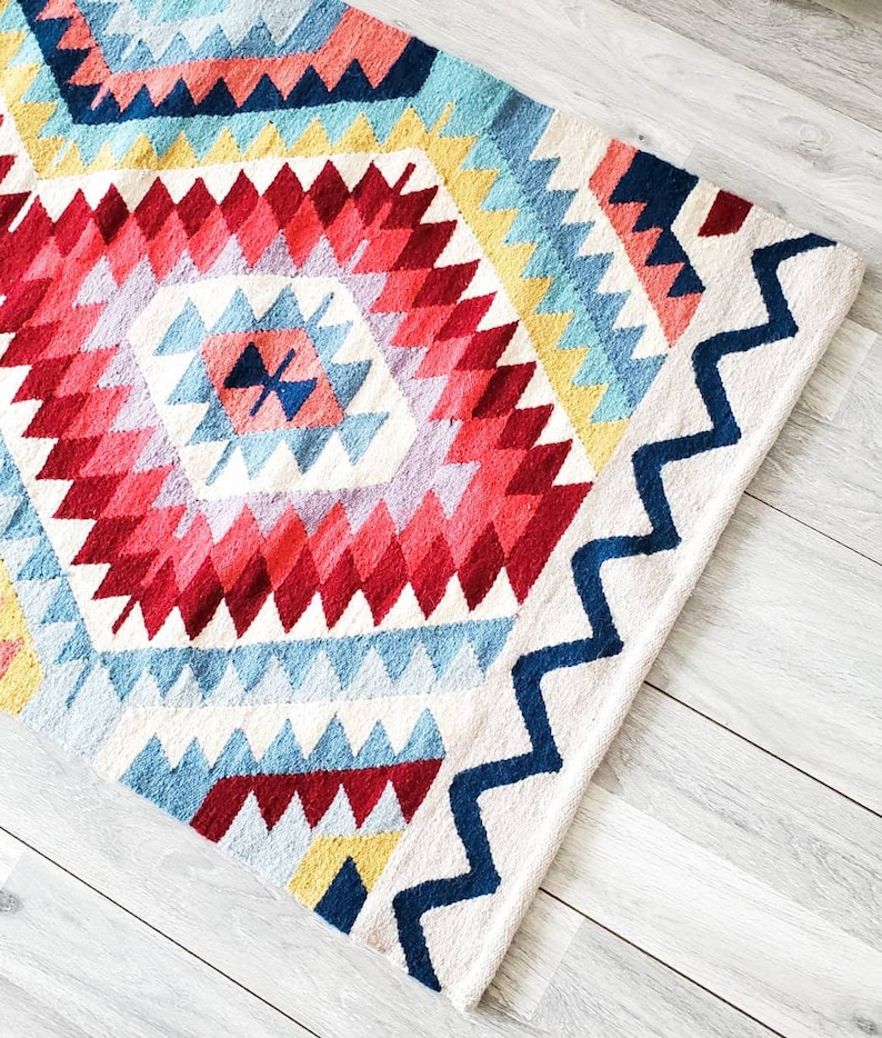 Handwoven Rug, Colourful Rug, Bright Colors Rug, Living Room Kilim, Area rug, Kilim Rug, Burgundy Rug, Handcrafted Kiliim, Aztec Boho Rug image 2