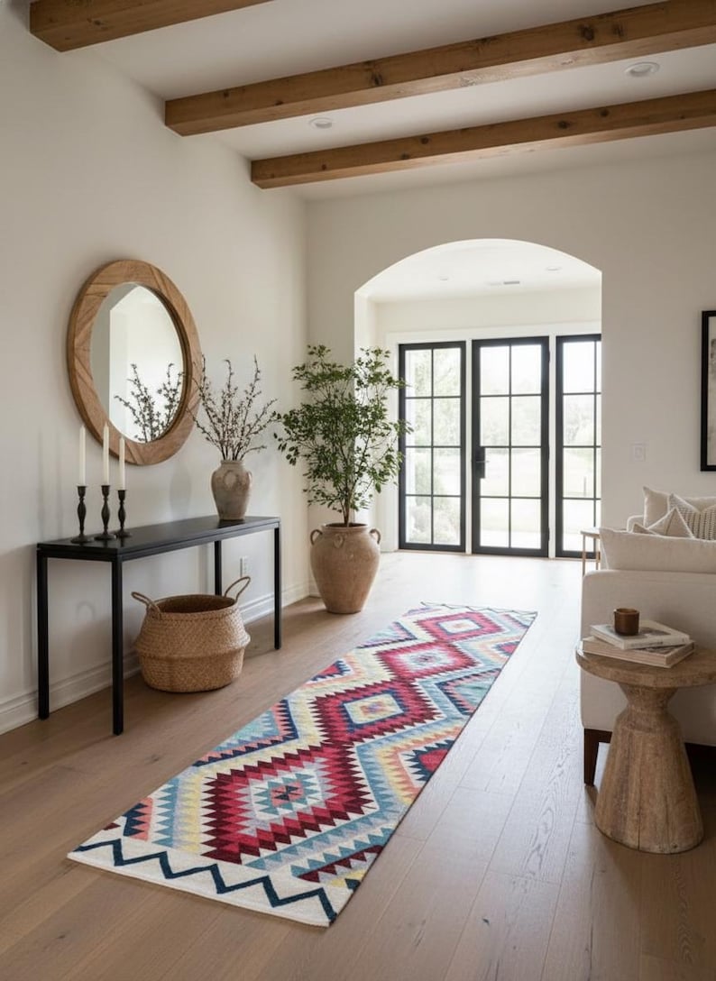 Handwoven Rug, Colourful Rug, Bright Colors Rug, Living Room Kilim, Area rug, Kilim Rug, Burgundy Rug, Handcrafted Kiliim, Boho Area Rug image 3