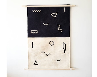 Handgewebte große Wandbehang, Kelim Wandbehang 2,5 'X 4 'Dübel hängend, Boho Wandbehang, Schwarz Große Wandkunst