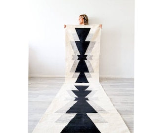 Handwoven Rug, Modern Runner Rug, Black runner, Boho Rug, Aztec Runner, Living Room Rug, Black & Cream Wool Rug, Area Rug