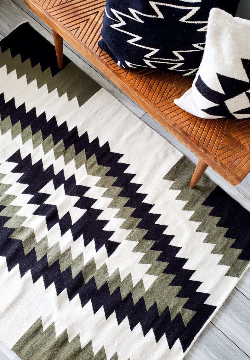 Handwoven Area Rug Olive Green & Black Rug Dining Room Etsy