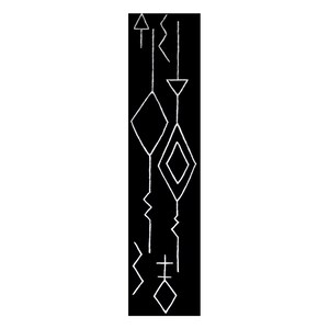 May include: Black and white geometric design with a series of diamonds and triangles connected by lines.