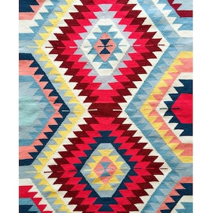 Handwoven Rug, Colourful Rug, Bright Colors Rug, Living Room Kilim, Area rug, Kilim Rug, Burgundy Rug, Handcrafted Kiliim, Boho Area Rug image 2