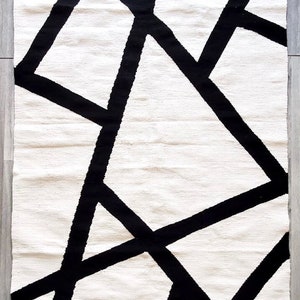 Black & White Cotton Rug, Flatwoven Rug, Living room Rug, ,Area rug, Kilim, Kiliim, Boho Neutral Rug, Abstract Rug, Modern runner rug
