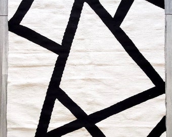 Black & White Cotton Rug, Flatwoven Rug, Living room Rug, ,Area rug, Kilim, Kiliim, Boho Neutral Rug, Abstract Rug, Modern runner rug