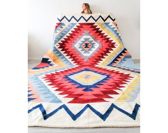 Handwoven Rug, Colourful Rug, Bright Colors Rug, Living Room Kilim, Area rug, Kilim Rug, Burgundy Rug, Handcrafted Kiliim, Aztec Boho Rug