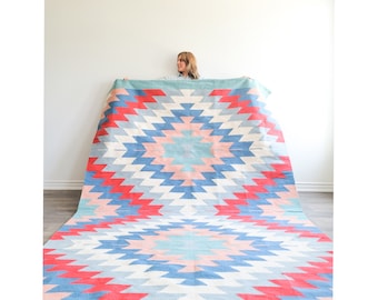 Handwoven Rug, Colourful Rug, Bright Colors Rug, Living Room Kilim, Area rug, Kilim Rug,  Handcrafted Kiliim, Aztec Boho Rug