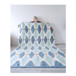 Blue Handwoven Area Rug, geometric kilim wool rug, modern rug, wool rug, livingroom, large flatwoven Boho Rug 7’ X 10’, 8’ X 10’, 12' X 15'