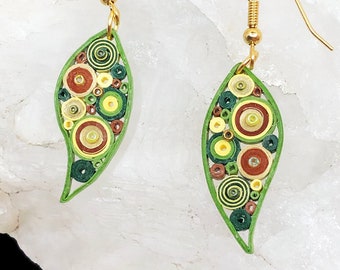 Earrings, Leaves: Paper, Quilled (Curled and Shaped), in Green, Yellow, Brown, Cream, and Gold - with or without Dangling Bead