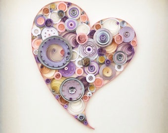 Heart Wall Art: Paper, Quilled (Curled and Shaped), Framed Paper Sculpture, in Pink, Purple, White, and Silver