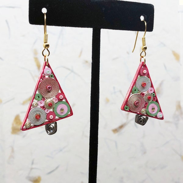 Earrings, Christmas Tree: Paper, Quilled (Curled and Shaped), in Red, Pink, Olive Green, and Gold