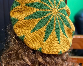 Oversized Rasta hat, rasta beret, Big Rasta Reggae Crochet Handmade Dreadlock Hat, dreadlock French hat, yellow, green, leaves yellow hat