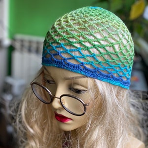 Mesh beanie, green blue mesh beanie, crochet mesh hat, handmade mesh hat, handmade gift, gift for her, crochet web hat