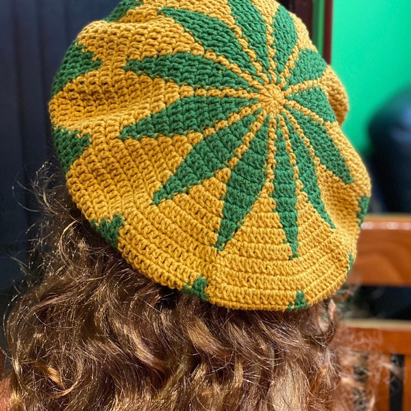 Oversized Rasta hat, rasta beret, Big Rasta Reggae Crochet Handmade Dreadlock Hat, dreadlock French hat, yellow, green, leaves yellow hat