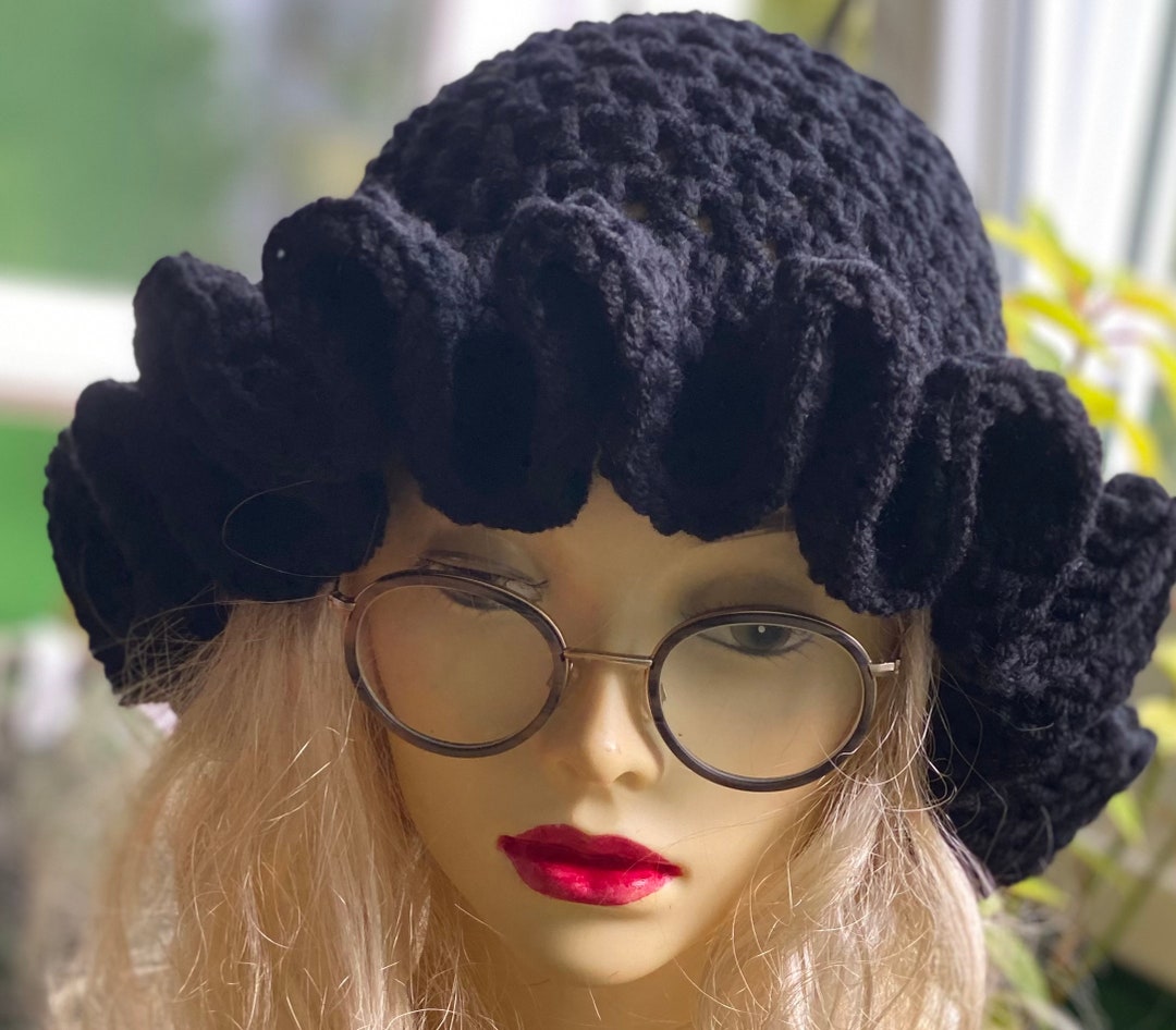Handmade Crochet Ruffle Bucket Hat - Black Wool Blend - Etsy