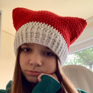 Kerstkattenmuts, gestreepte gehaakte kattenmuts, kerstcadeau, gehaakte muts, rood-witte muts, handgemaakte muts, gestreepte kattenoormuts
