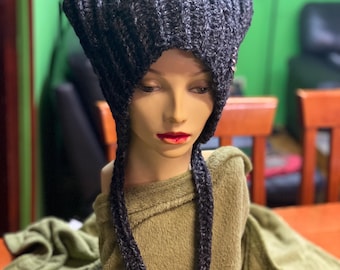 Gorro de orejas de gato de ganchillo: mezcla de lana antracita con alfileres