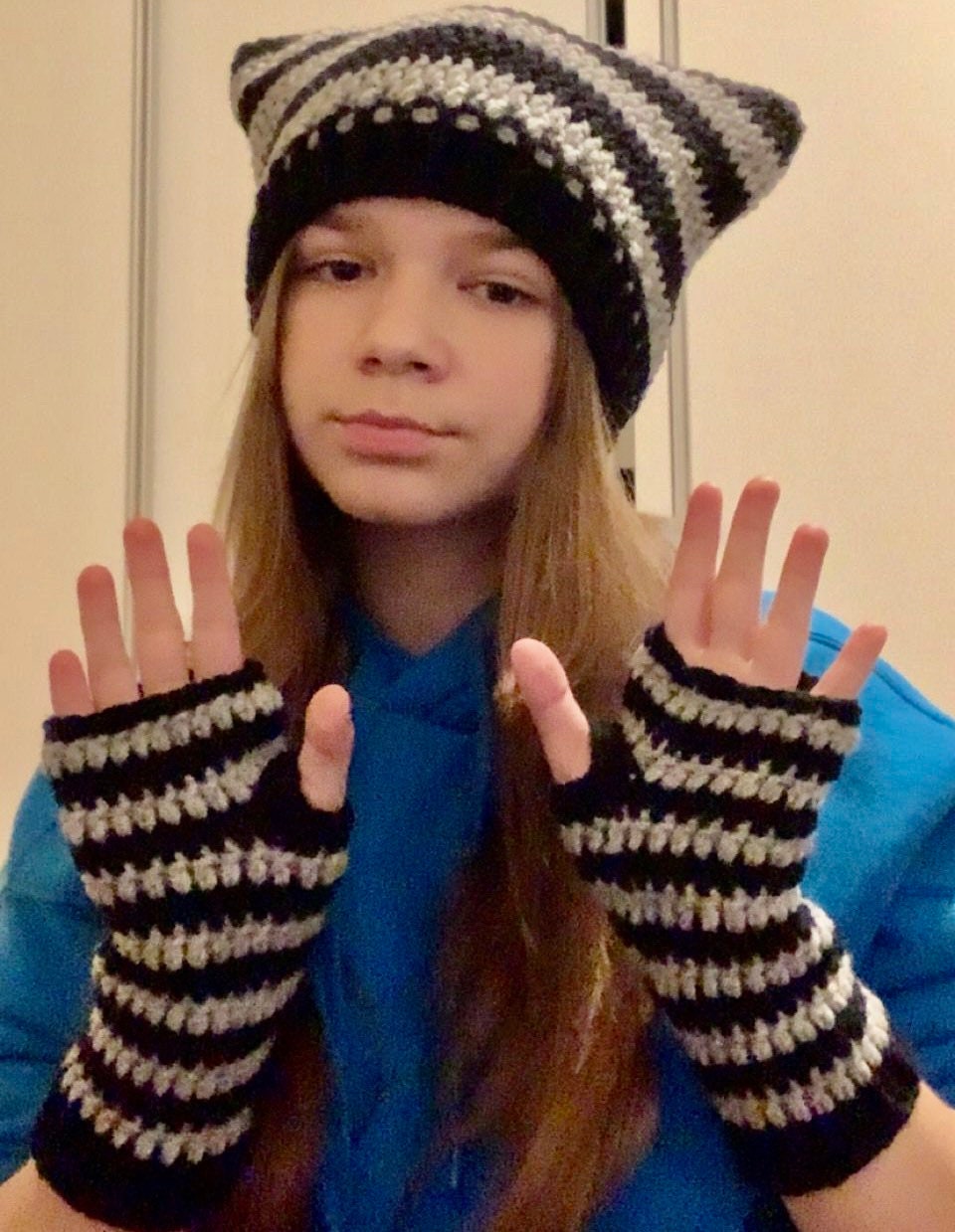 Handmade Crocheted Ribbed Brim Cat Ear Beanie and Fingerless Gloves Set. Crochet Cat Ear Beanie and Fingerless Gloves Set: Striped  main image 4