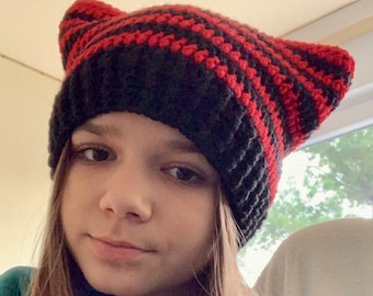 Crochet Cat Ear Beanie: Striped Wool-Blend Handmade Hat, handmade cat hat
