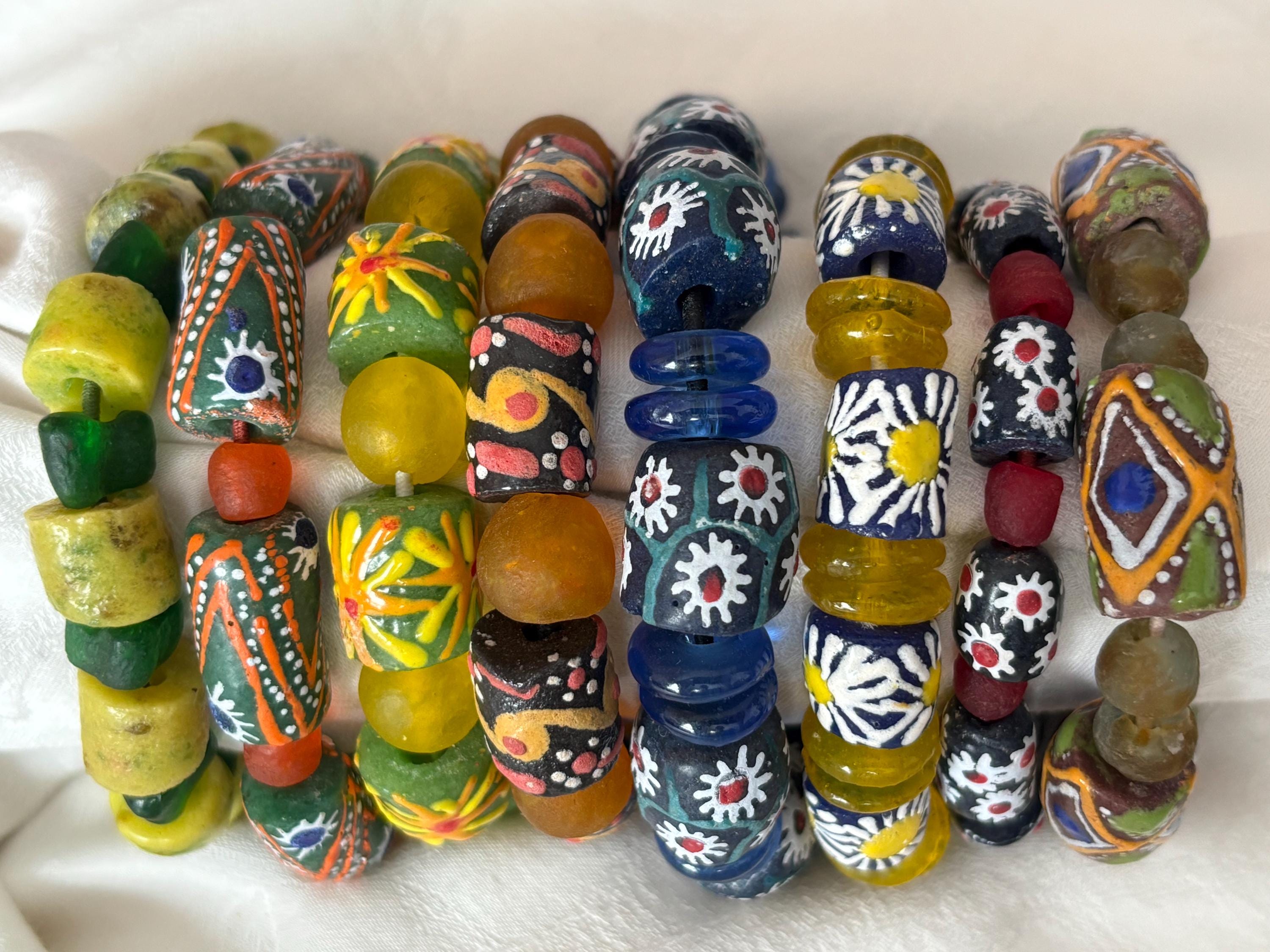 African beaded bracelet, recycled glass beads from Ghana, Handcrafted, Unisex, Krobo beads with elastic string-choose your style!