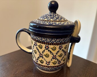 Polish Pottery Brew mug, 4 pieces, spoon, lid, cup, filter, purchased in Boleslawiec, Poland