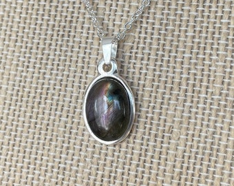 Natural Purple Labradorite 10x14mm Cabochon Necklace - silver finished pewter settings, silver plated stainless steel chain!