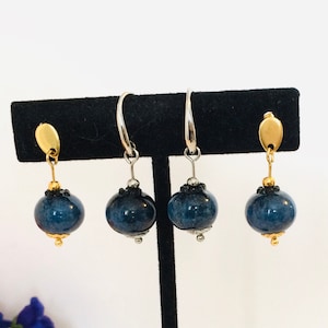 Glass Blueberry Bead Stainless Steel (Gold or Silver) Earrings - Handmade Lampwork Glass