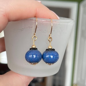 Glass Blueberry Bead Gold Filled Earrings III - Handmade Lampwork Glass