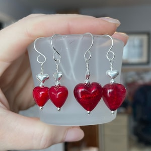 Sterling Silver RED Murano Glass Heart Bead Earrings. Valentines Day gift!