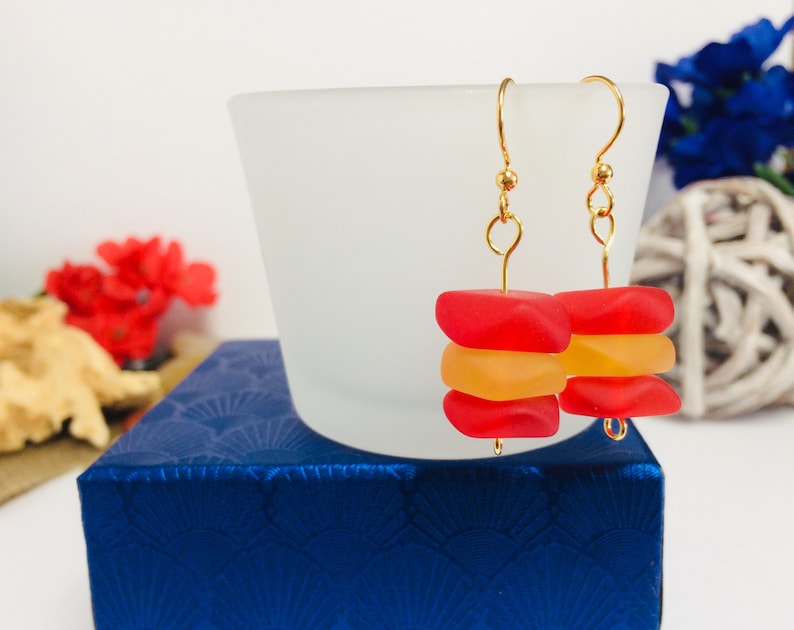Red Orange /& White Sea Glass Bead Gold Toned Stainless Steel Earrings Yellow