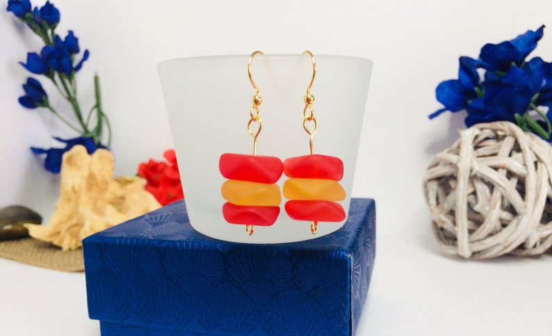 Red Orange /& White Sea Glass Bead Gold Toned Stainless Steel Earrings Yellow