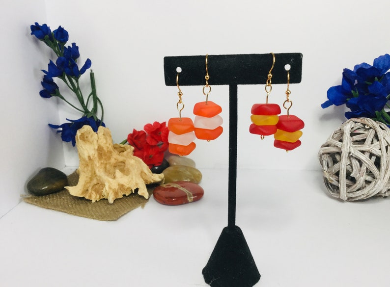 Red Orange /& White Sea Glass Bead Gold Toned Stainless Steel Earrings Yellow