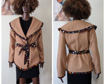 African Print Waterfall Belted Overcoat  with ankara biding_Ankara Jacket_African Print Jacket