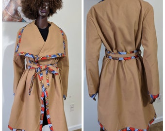 African Print Casual Waterfall Collar Belted Coat with ankara biding_Ankara Jacket_African Print Jacket