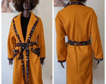 African Print NotchCollar Drop Shoulder Patch Pocket Solid Overcoat with ankara biding_Ankara Jacket_African Print Jacket