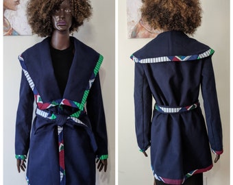 African Waterfall Collar Self Belted coat with ankara biding_Ankara Jacket_African Print Jacket
