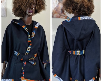 African Print Self Tie Hooded Cape Coat with ankara biding_Ankara Jacket_African Print Jacket