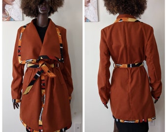 African Print Waterfall Belted Wool-Mixed Coat with ankara biding_Ankara Jacket_African Print Jacket