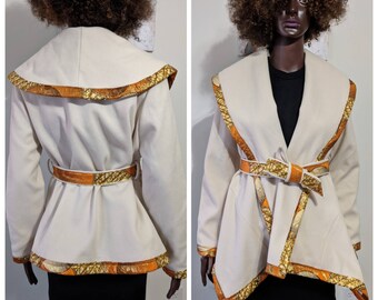 African Print Waterfall Collar Belted Overcoat  with ankara biding_Ankara Jacket_African Print Jacket