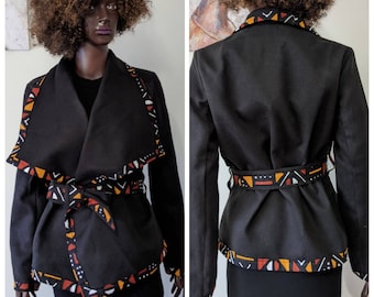 African Waterfall Collar Self Belted Overcoat  with ankara biding_Ankara Jacket_African Print Jacket