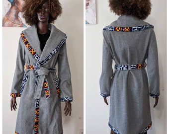 African Print Waterfall Collar Self Belted Coat with ankara biding_Ankara Jacket_African Print Jacket