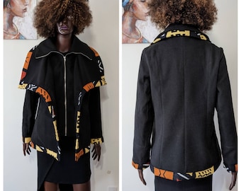 African Print Zip Up Waterfall Collar Overcoat  with ankara biding_Ankara Jacket_African Print Jacket
