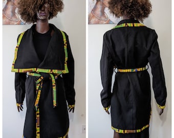 African Print Waterfall Belted Wool-Mixed Coat with ankara biding_Ankara Jacket_African Print Jacket